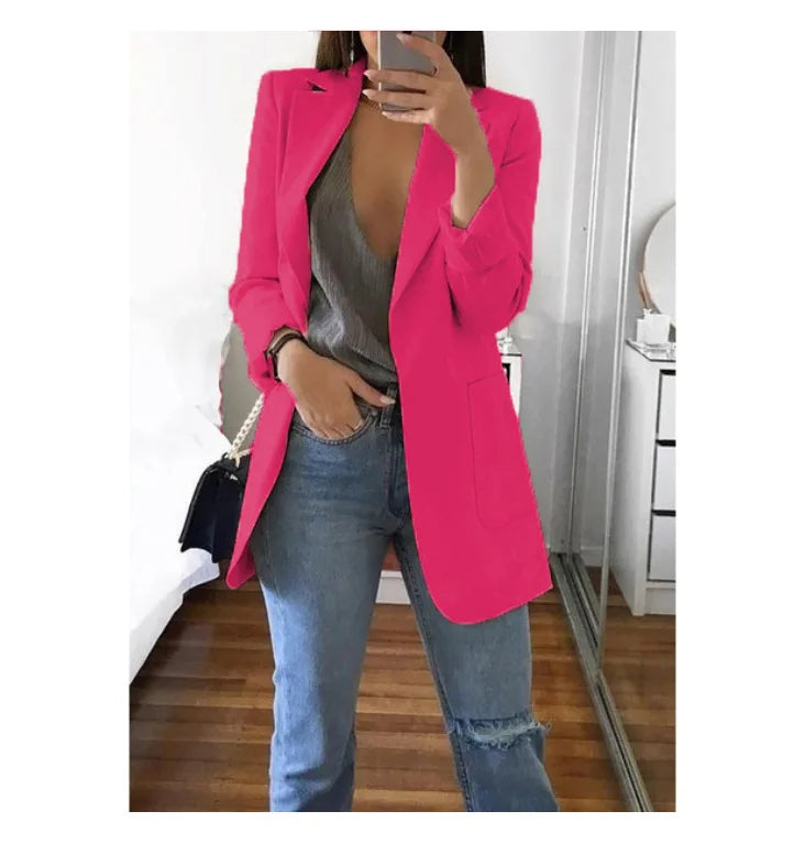 European and American Fashion Casual Suit Polo Neck Slim Fit Cardigan Temperament Women's  Coat Spring and Autumn 2024