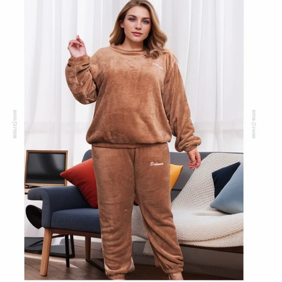 Plus Size 6XL 150kg Winter Warm Coral Fleece Pajamas Sets Long Sleeve Top and Pants Sleepwear Suit Home Women Female Sleepwear