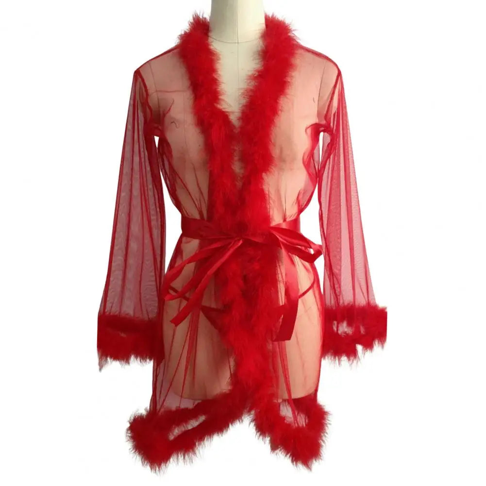 Women Solid Color Nightgown Mesh Ruffle Nightgown with Adjustable Waist Tie Sexy Plush Trim Sleepwear for Women Elegant Solid