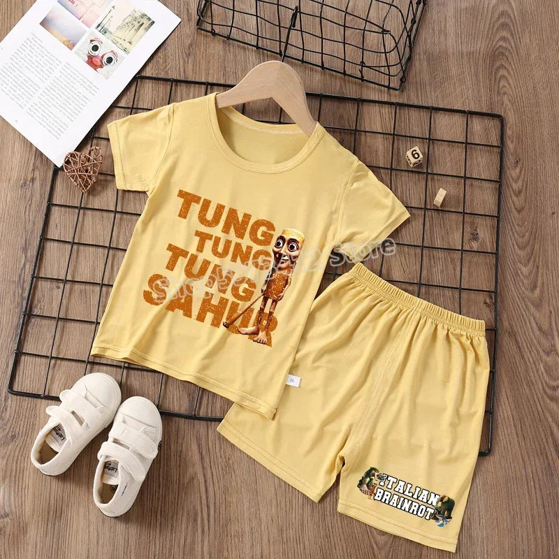 Italian Brainrot Pajama Sleepwear Child Funny Shark Tung Sahur Meme Cartoon Soft Pyjamas Set Nightgown Girl Boy Home Loungewear