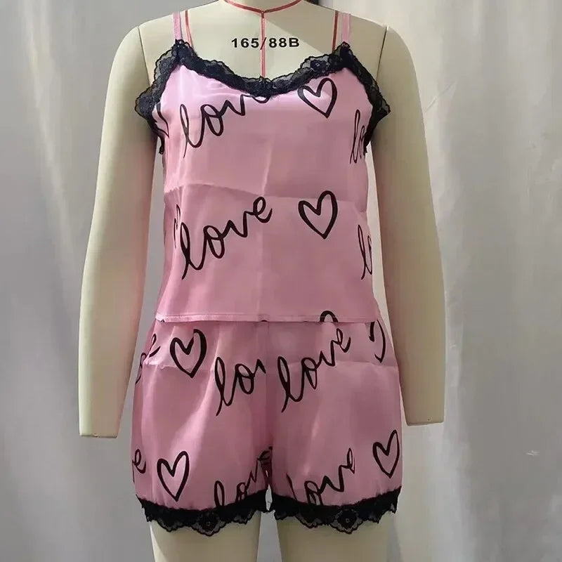 Sexy Pajama Shorts Sets Womens Homewear Love Print Nighty Underwear Pijama Summer Lingeries Camisoles Tanks Lady Sleepwear Woman