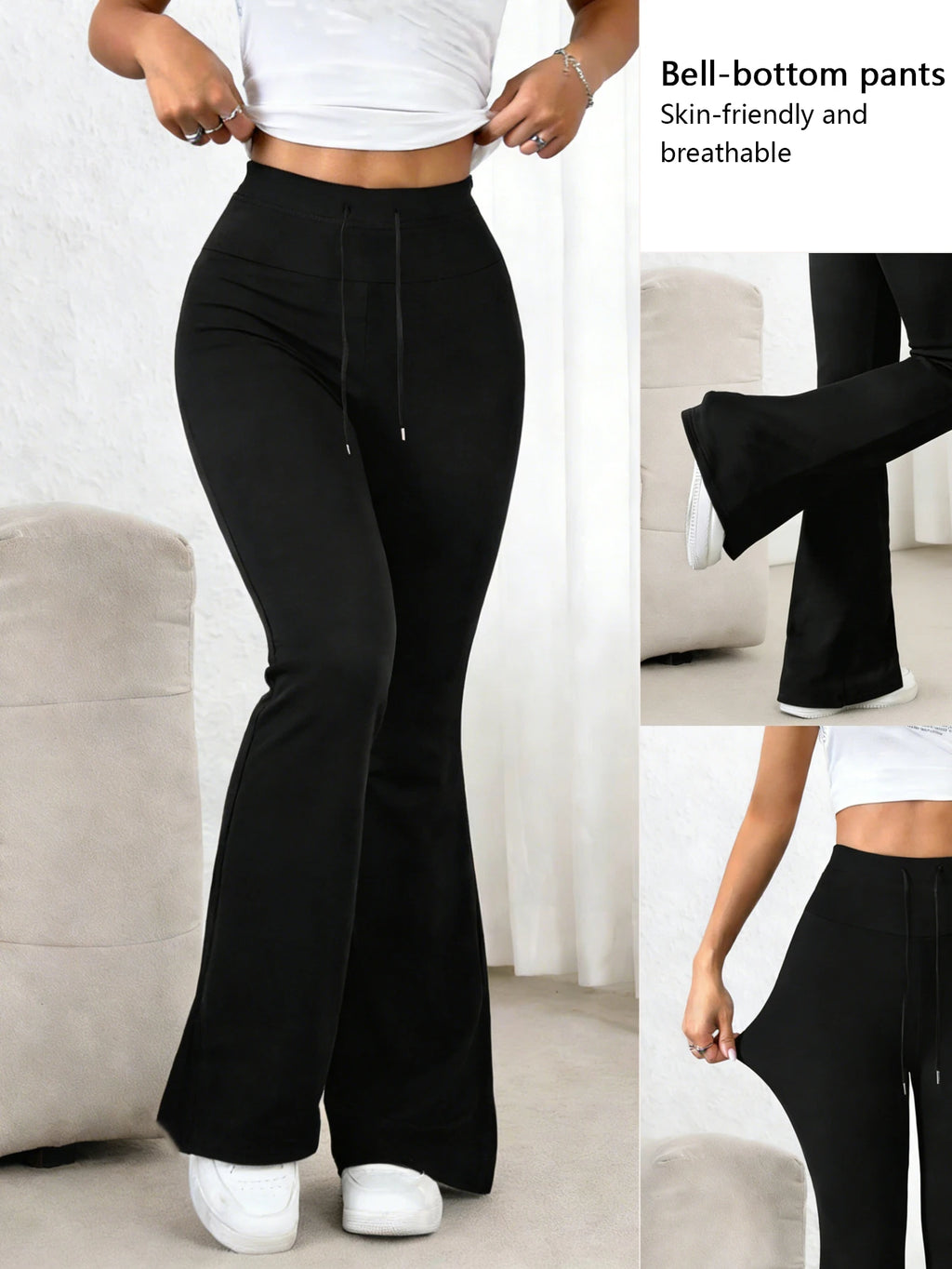 Women's Black High Waisted Bell-bottom Pants 2026 Spring Drawstring Waist Stretchy Skin-friendly Breathable Casual Daily Trendy