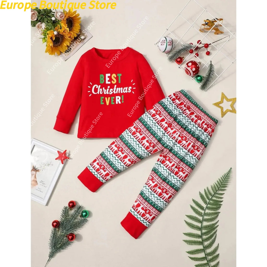 Mom Dad Kids Christmas Print Pajamas Set 2 Piece Pyjama Xmas Family Look Sleepwear Xmas Family Matching Outfits Pjs Loungewear