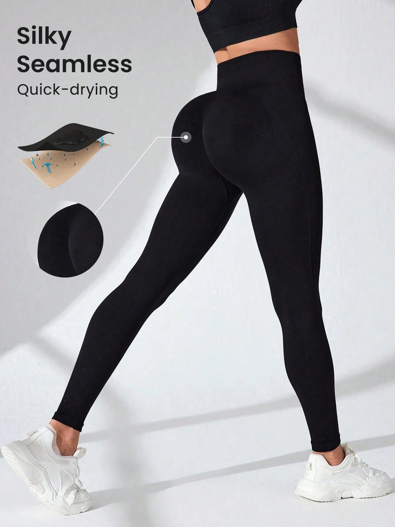 Black Ribbed Panel Yoga Leggings Women High Waist Seamless Butt Lifting Tummy Control Fitness Workout Tights Gym Sportswear