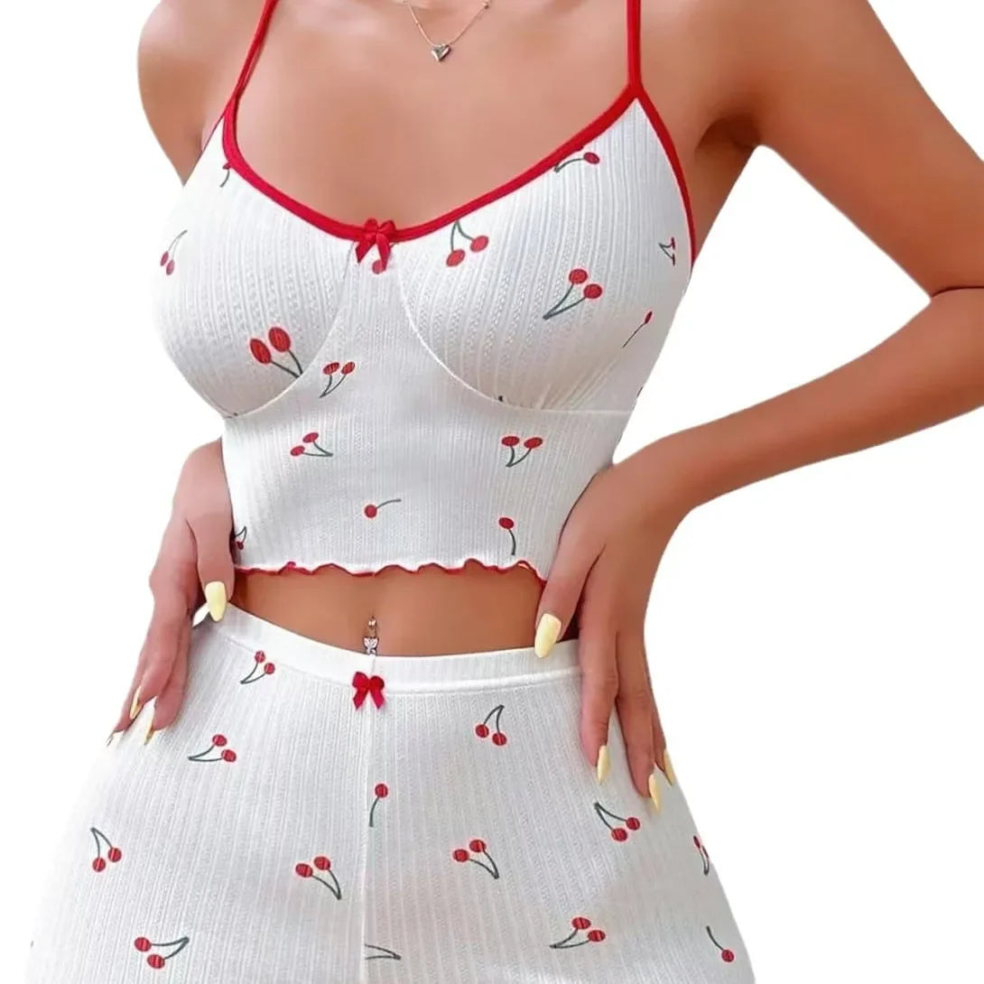 New Pure Desire Sleepwear Cherry Print Design Sweet Strap Shorts Women's Home Set Summer Season No Sleeve Comfortable Material
