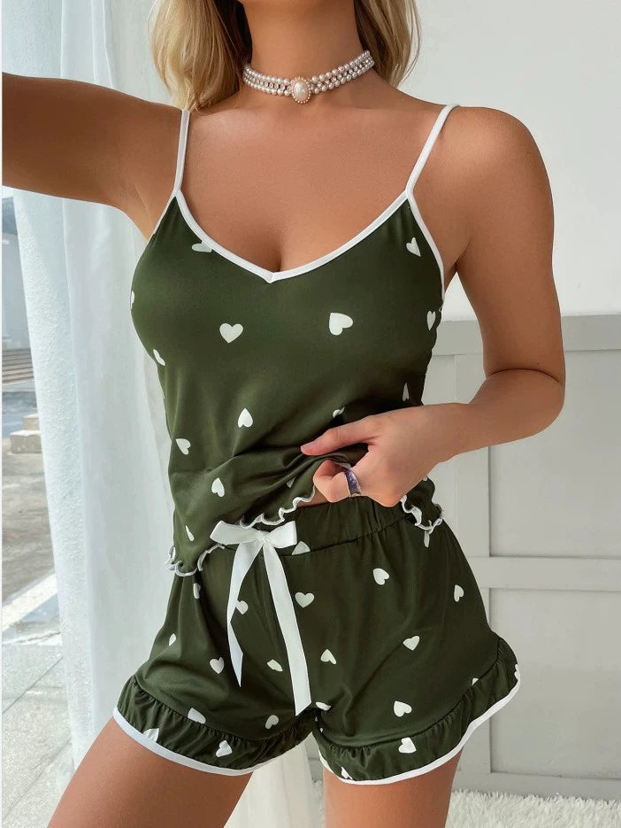 Women's Pajama Set Pajamas T-Shirts Shorts Pink Heart-Shaped Print Round Neck T-Shirt Ice Silk Top Comfortable Casual Summer