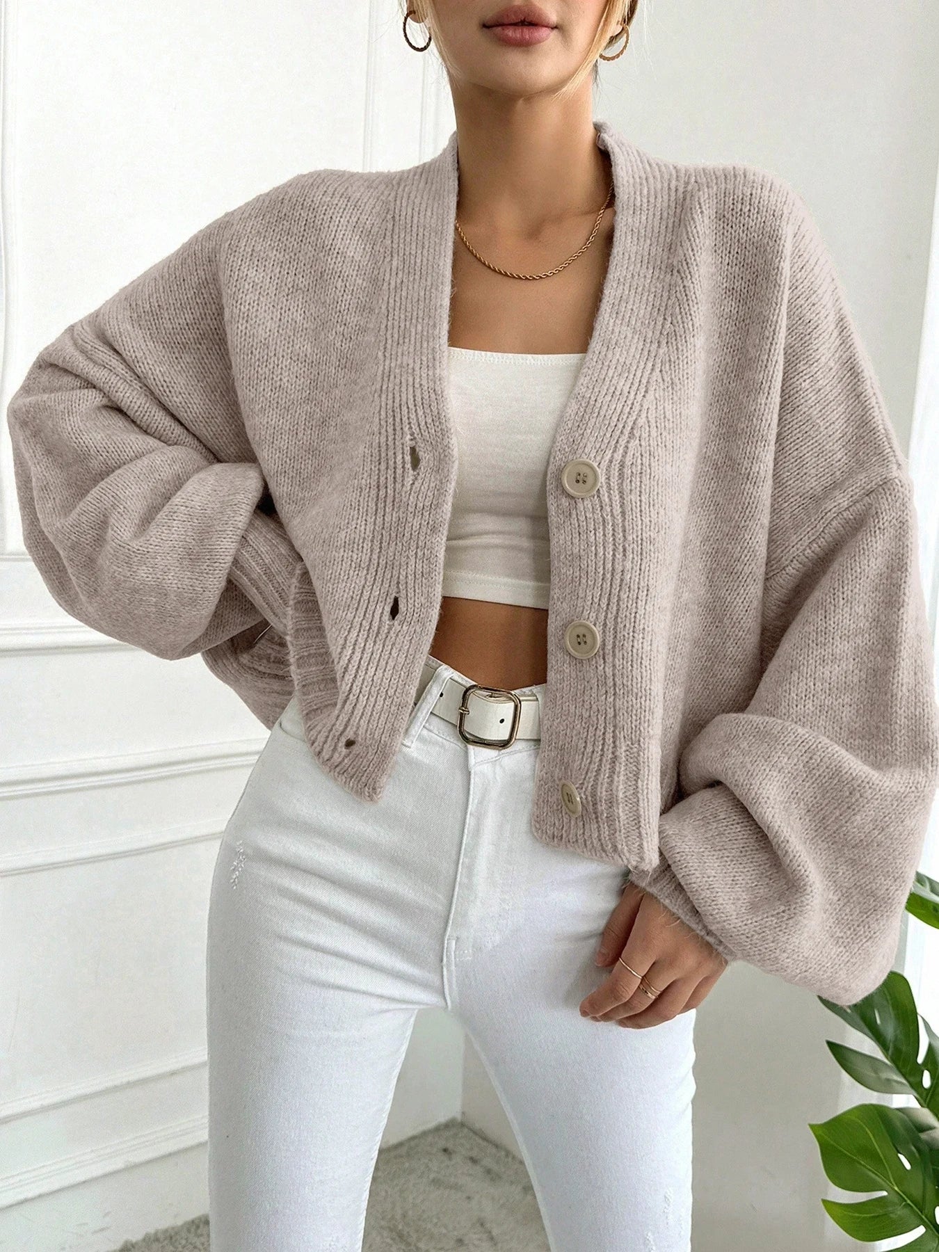 Women's Autumn Winter Knitted Sweater Cardigan, Batwing Sleeve Drop Shoulder Button Loose Fit Pullover, Casual Fashion for Ladie
