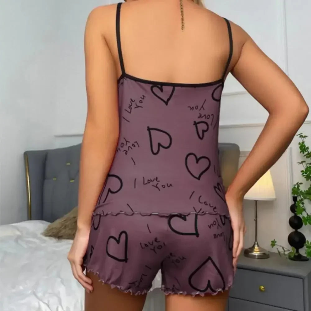 Summer Casual Pajama Set for Women's Loungewear Sleepwear Red Heart Print Round Neck Ice Silk Top T-Shirt and Shorts Sets