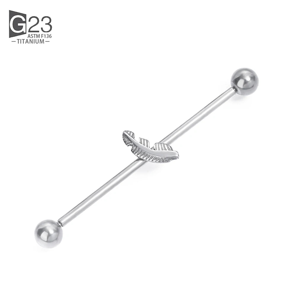 14G 38mm G23 Titanium CZ Industrial Feather Barbell Ear Cartilage Helix-Conch Piercing Bar Earring Stud Body Jewelry