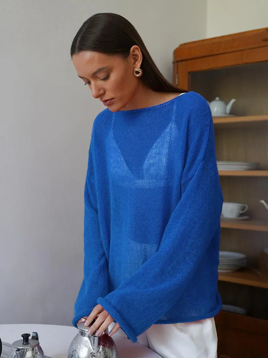 TARUXY Hollow Knitted Sweater Pullover 2024 Autumn New Women's See Through Thin Large Round Neck Bell Long Sleeve Knit T-Shirt