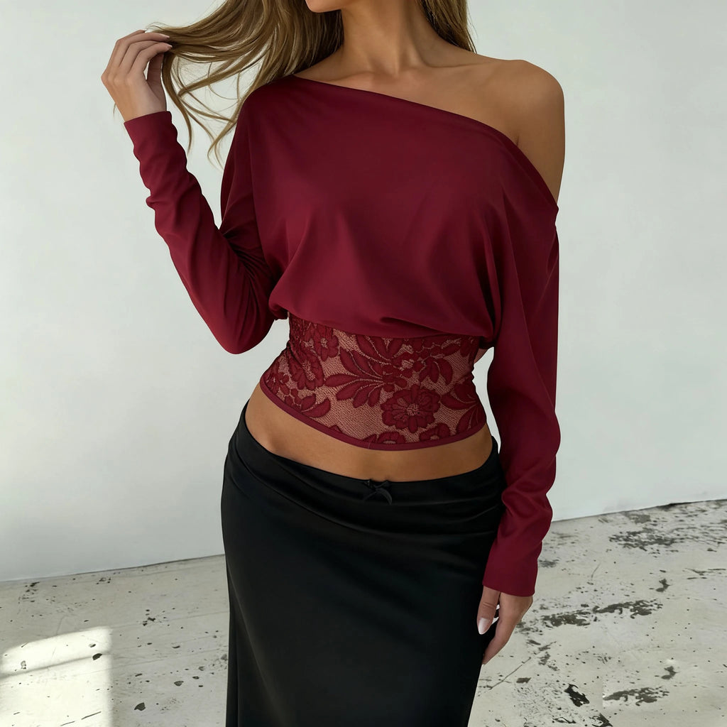 Elegant Patchwork Lace T-Shirt See Through Slim-Fitting Crew Neck Off-Shoulder Tees Women 2026 Fashion New （Two Design Styles）