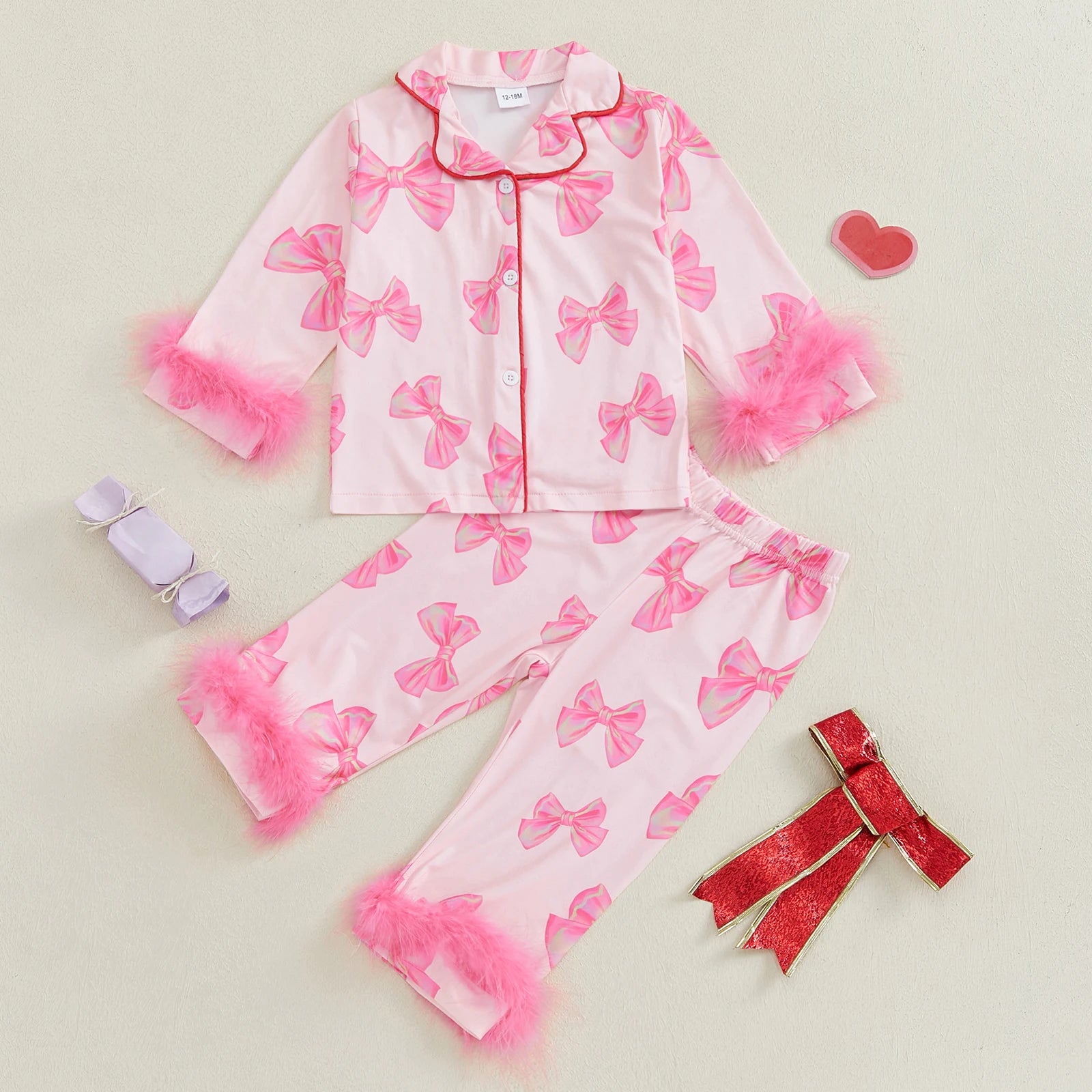 Cute Infant Baby Girl 2Pcs Pajamas Feather Trim Long Sleeve Bow Print Shirt + Pants Set Toddler Sleepwear Homewear Clothing