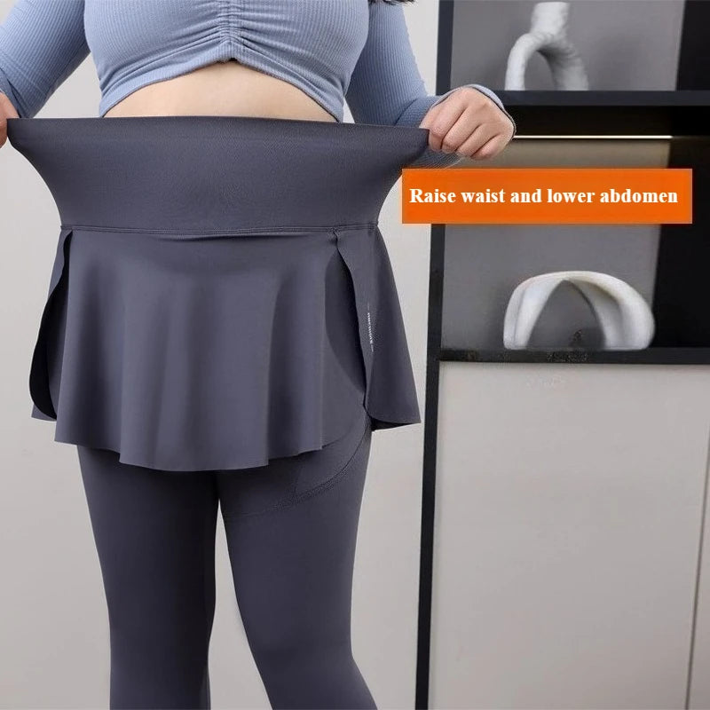 Plus Size Fit 200lbs Yoga Fake Two Items Leggings with Pockets Sharkskin High-Waisted Skirt Pants Gym  Trainning Slim Tights