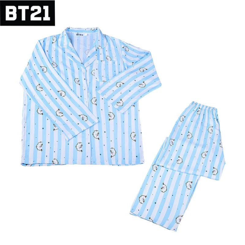 Kawaii Bt21 Tata Cooky Rj Pocket Short Sleeve and Shorts Pajama Set, Casual Satin Sleepwear with Lapel Collar and Button Detail
