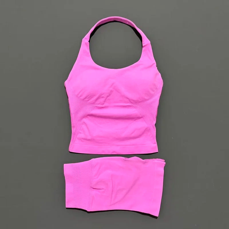 2 Pcs HISTELLO Halter Top Strappy Bra Shorts Set Women Yoga Workout Clothes Seamless Vest Hip-Lifting Sports Leggings Gym Suit