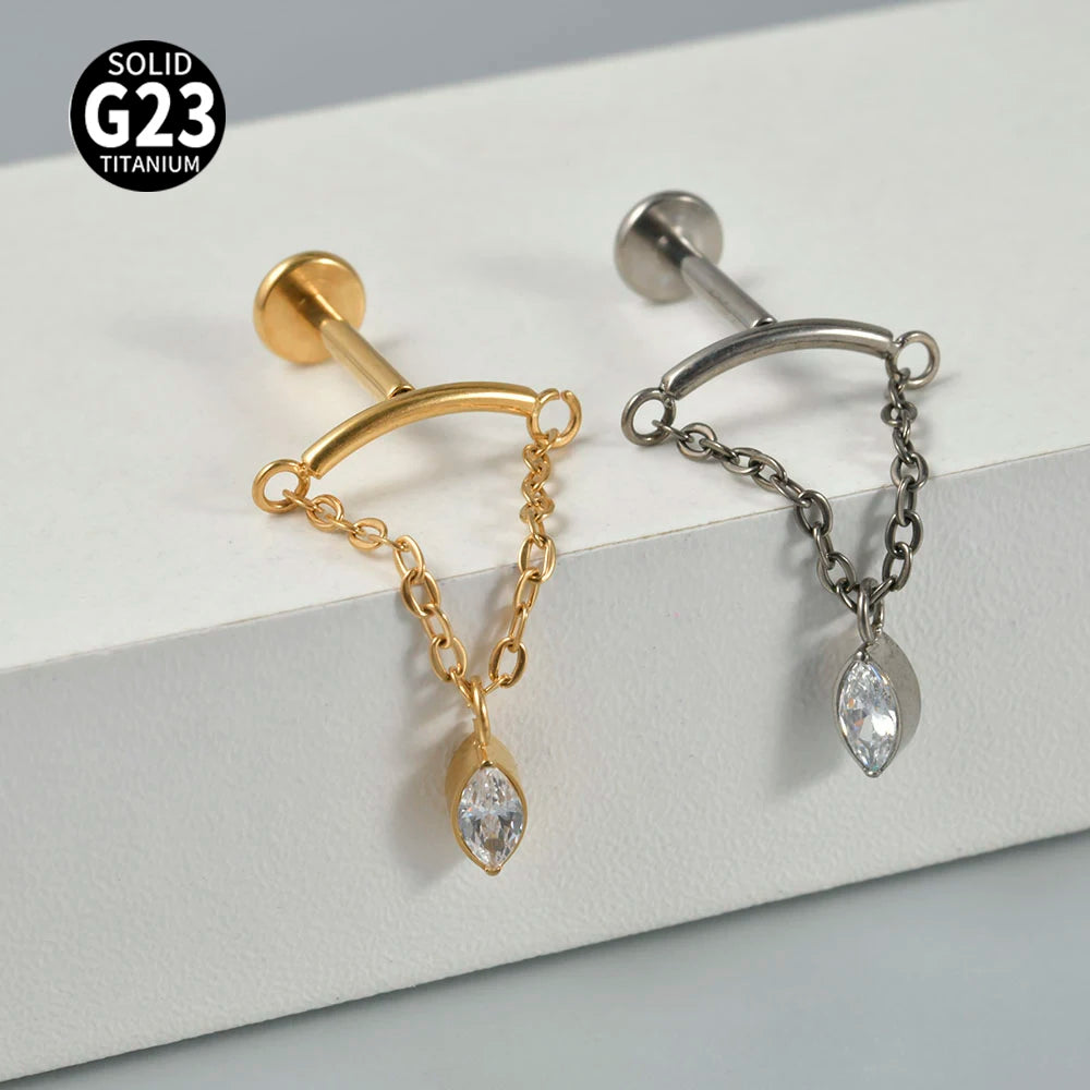Dreamlee G23 Solid Titanium Chain Dangling Rook Helix Stud Inner Screw Flat Back Tragus Cartilage Earring Lobe Labret Piercing