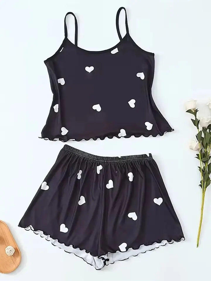 S M L XL 2XL 5 Size Choose Women's Two-Piece Suspender Heart Printed Top and Shorts Women's Casual Printed Pajama Set Homewear