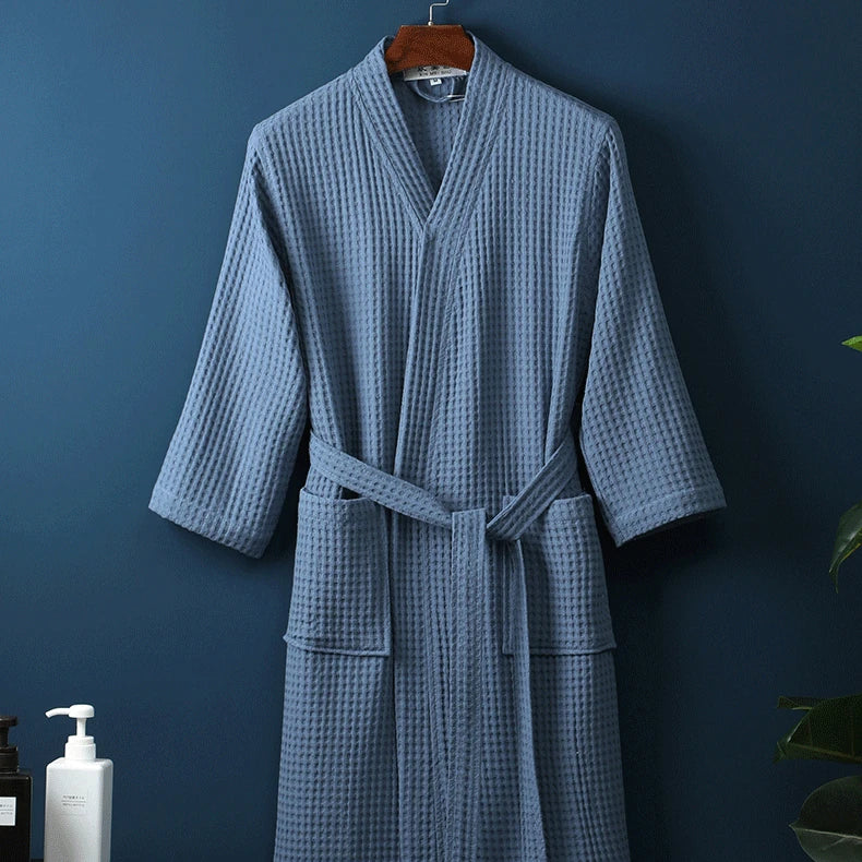 Adult Cotton Waffle Kimono Bathrobe Gown Yukata Couple Robe Negligee with Pocket Loose Casual Home Dress Loungewear Sleepwear