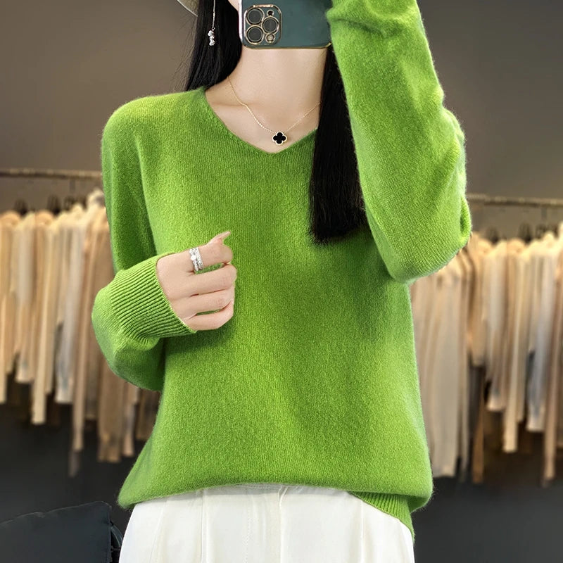 New Women's V-neck First-line Ready-To-Wear Sweater Long Sleeve Jumper Loose Fashion Comfortable Solid Color SweaterZD
