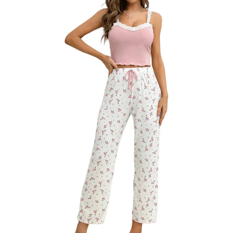 Pajamas 2 Piece Sets Women Camisole Pants Summer Lace Sleeveless Flower Print Sling Top Trousers Sleepwear Cute Nightwear Suit