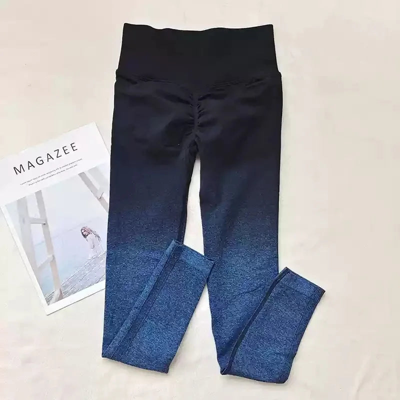 Sexy Butt Enhancing Gradient Color Tight Fitness Running Yoga Pants Quick Dry Slimming Nine-Tenths Length Breathable Nylon