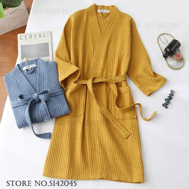 Adult Cotton Waffle Kimono Bathrobe Gown Yukata Couple Robe Negligee with Pocket Loose Casual Home Dress Loungewear Sleepwear
