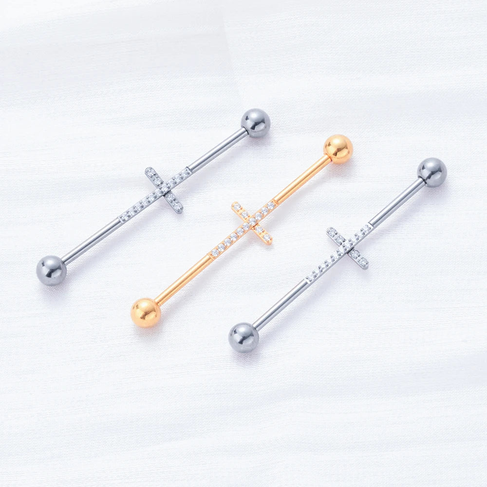 14G 38mm G23 Titanium CZ Industrial Feather Barbell Ear Cartilage Helix-Conch Piercing Bar Earring Stud Body Jewelry