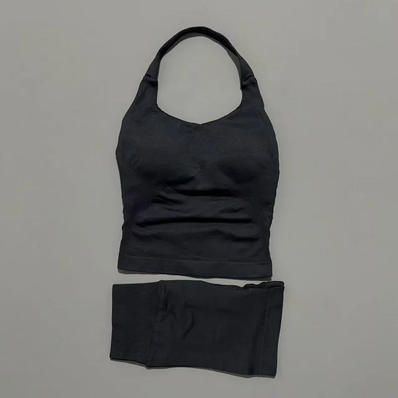 2 Pcs HISTELLO Halter Top Strappy Bra Shorts Set Women Yoga Workout Clothes Seamless Vest Hip-Lifting Sports Leggings Gym Suit