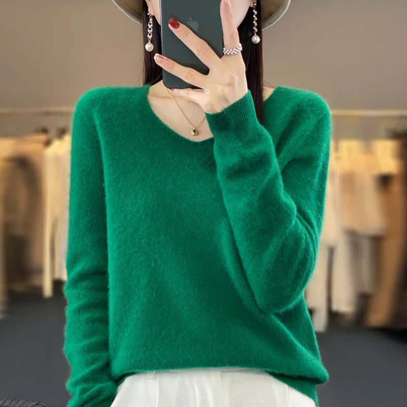 New Autumn And Winter Fashion First-Line Sweater 100% Pure Wool Women's V-Neck Pullover Knitted Base DMR201