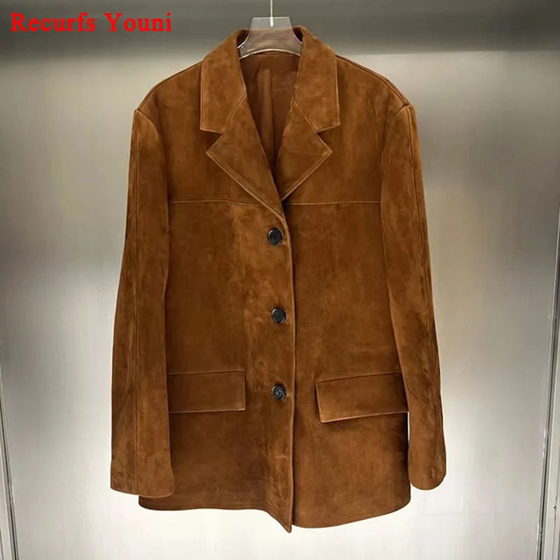 Vintage Brown Kid Suede Jacket for Women 2026 New High Sense Loose Oversized Leather Suit Blazer Female Casual Coat Streetwear