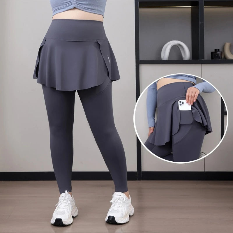 Plus Size Fit 200lbs Yoga Fake Two Items Leggings with Pockets Sharkskin High-Waisted Skirt Pants Gym  Trainning Slim Tights