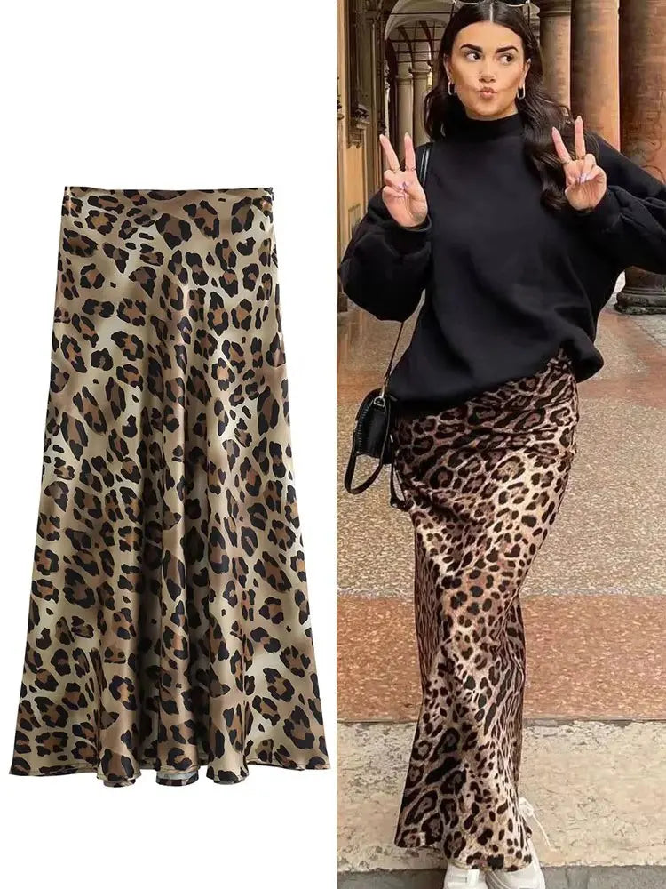HH Women Fashion Leopard Print Skirt Vintage High Waist Midi Skirts Elegant Women Summer Casual Streetwear Skirt
