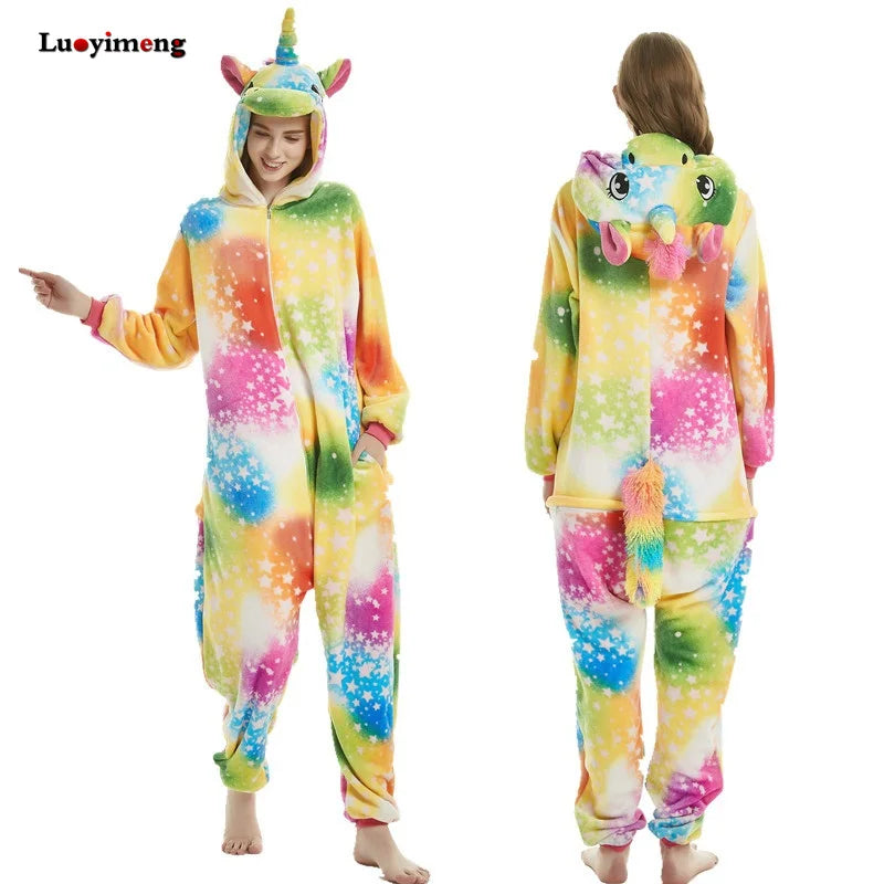 Adults Animal Onesies Unicorn Pajamas Couple Sleepwear Women Men Winter Unisex Kigurumi Costumes Cartoon Flannel Rabbit Pajamas