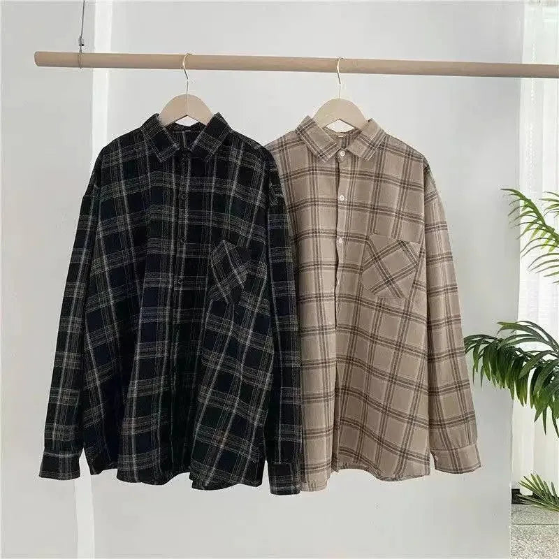 Vintage Plaid Shirts Women Autumn Long Sleeve Oversize Button Up Shirt Korean Fashion Casual Fall Outwear Tops Blusas Mujer