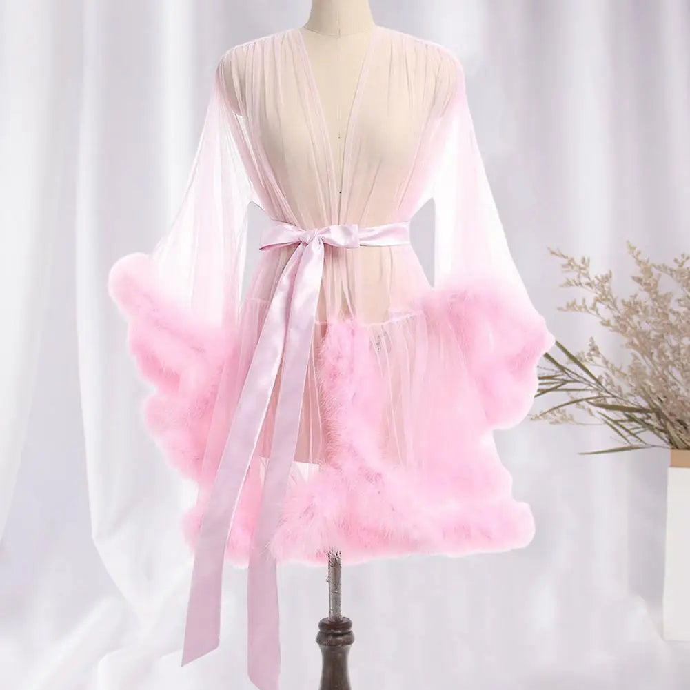 Women Solid Color Nightgown Mesh Ruffle Nightgown with Adjustable Waist Tie Sexy Plush Trim Sleepwear for Women Elegant Solid