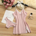 Women Pajama Cotton Suspender Nightdress 2 Pieces Pajama Set Cute Lace Nightgowns Bow Summer Sleepwear V-neck Slit Pajamas Dress