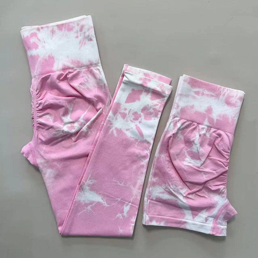 2 PCS Women Athletic Gym Leggings + Shorts Tie Dye Sports Workout Yoga Tights Butt Lifting Scrunch High Waist Yoga Pants