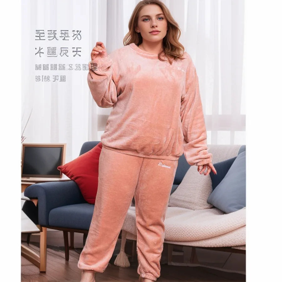 Plus Size 6XL 150kg Winter Warm Coral Fleece Pajamas Sets Long Sleeve Top and Pants Sleepwear Suit Home Women Female Sleepwear