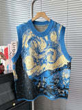 [EWQ] Vintage Oil Painting Sweater Vest Women Contrast O-neck Elastic Pullovers Knit Tank 2026 Spring Autumn Big Size Tops U5266