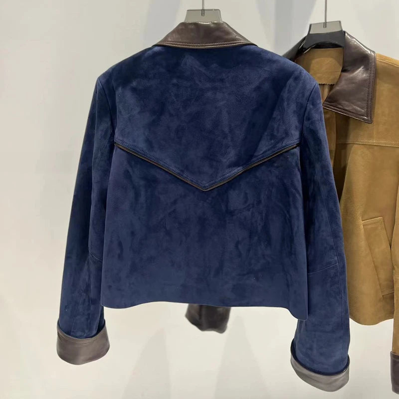 European Imported Suede Jacket Women 2026 Autumn Winter Branded New Contrasting Leather Coat Navy Blue Short Locomotive Casacos