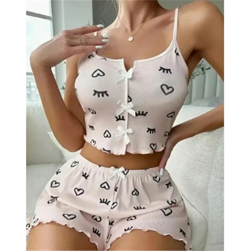 New Hot Sale Of The Season Heart Pattern Color Block Sleepwear Set with Slit in Front Strap Women's Vest Tops Non-Estitched Exte