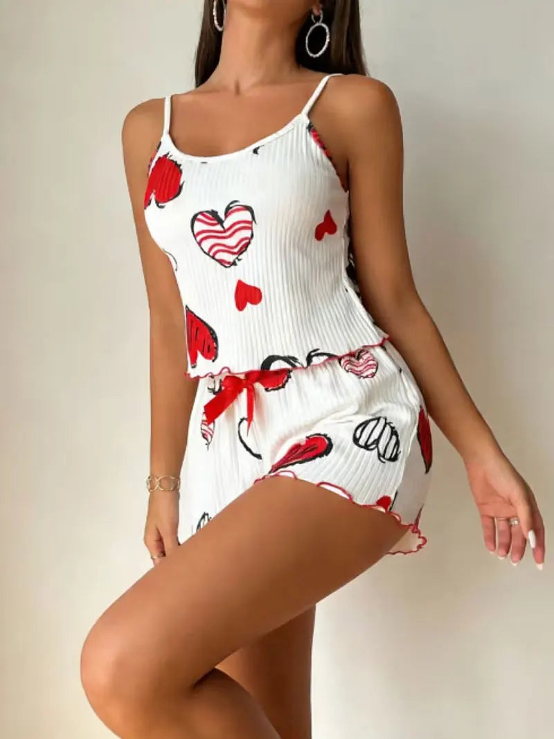 4 Size Choose S M L XL Women's Two-Piece Suspender Heart Printed Top and Shorts Women's Casual Printed Pajama Set