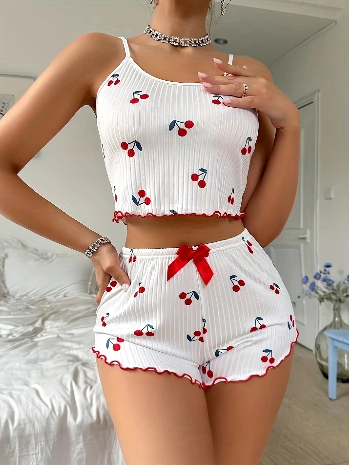 2pcs Women's Pajama Set Sexy Cute Kawaii Pajamas Women suspenders Sun-Tops Loungewear Set Shorts Y2K Lolita Heart Silk Sleepwear