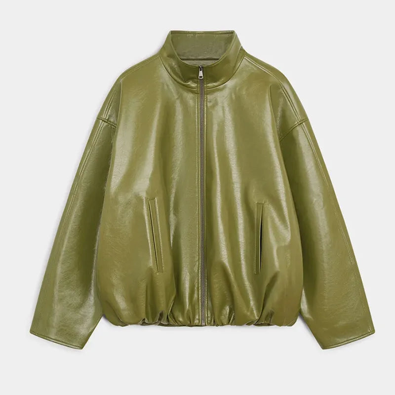 Olive Green Leather Jacket Coat Silhouette Vintage High Street Trend Zipper Lapel Short Overcoat Loose Casual Top Outwear Autumn