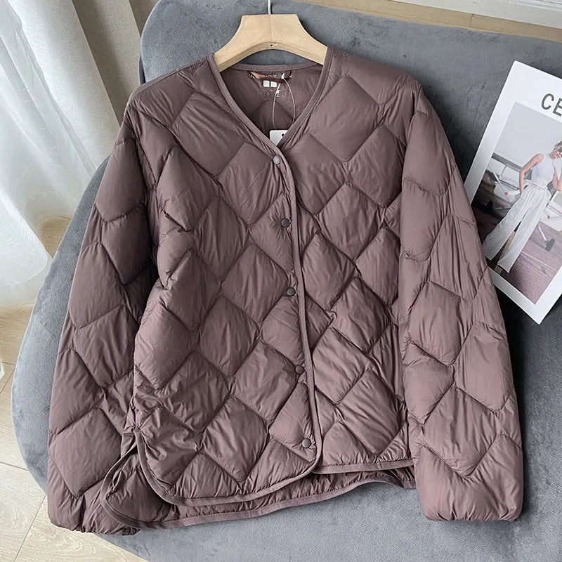 Janveny 2025 New Autumn Winter Ultra Light Collarless Soft Puffer Jacket Women Casual Loose Single Breasted 90% Duck Down Coat