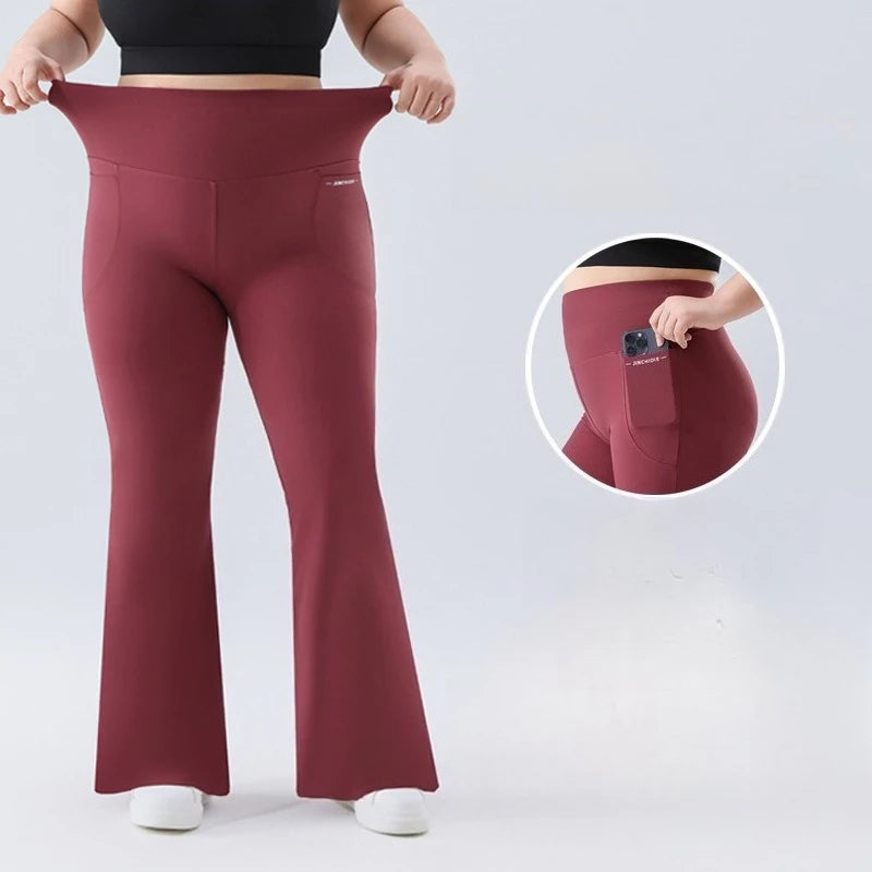 Plus Size Fit Yoga Flared Trousers for Women Semaless Two Sides Pocket Leggings High Waist Push Up Butt Gym Trainning Leggings