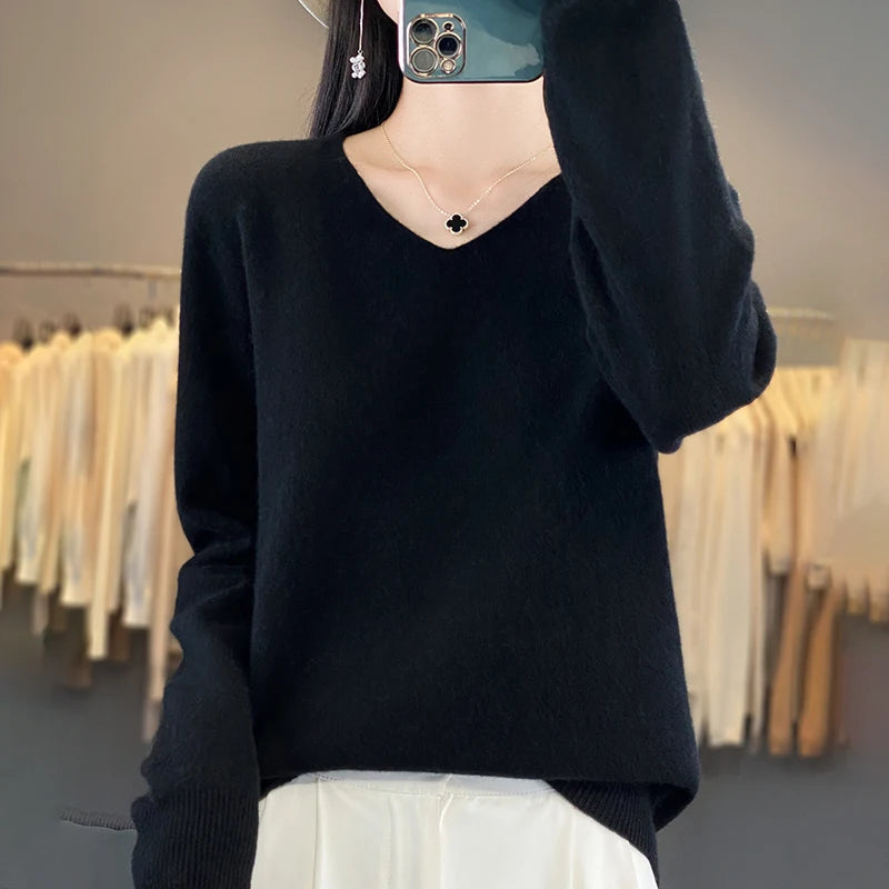 New Women's V-neck First-line Ready-To-Wear Sweater Long Sleeve Jumper Loose Fashion Comfortable Solid Color SweaterZD