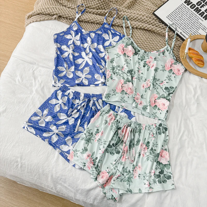 2 Pieces S-XL Women's Pajamas Set Summer Sleeveless Printing Tank Tops And Shorts Female Ultra-thin Breathable Casual Sleepwear