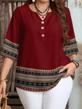 Plus size women's spring/summer/autumn new retro pattern front button leisure short sleeve shirt essential summer outfit