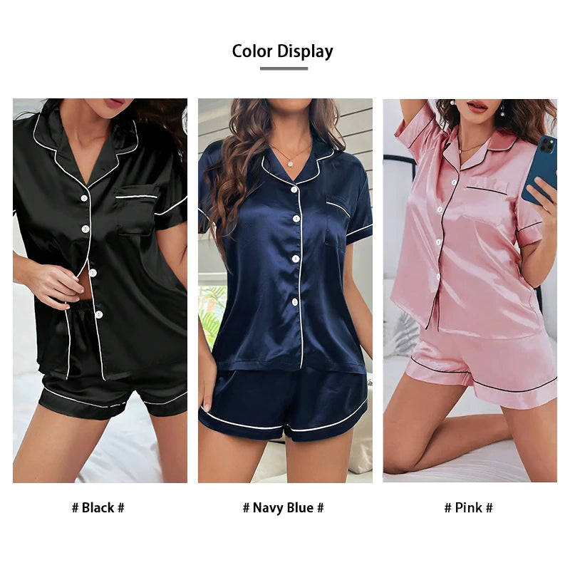 2026 New Elegant Women Sleepwear Satin Pajamas Set Short Sleeve Lapel Buttons Top and Shorts Breathable Soft Fabric Fit Pajamas